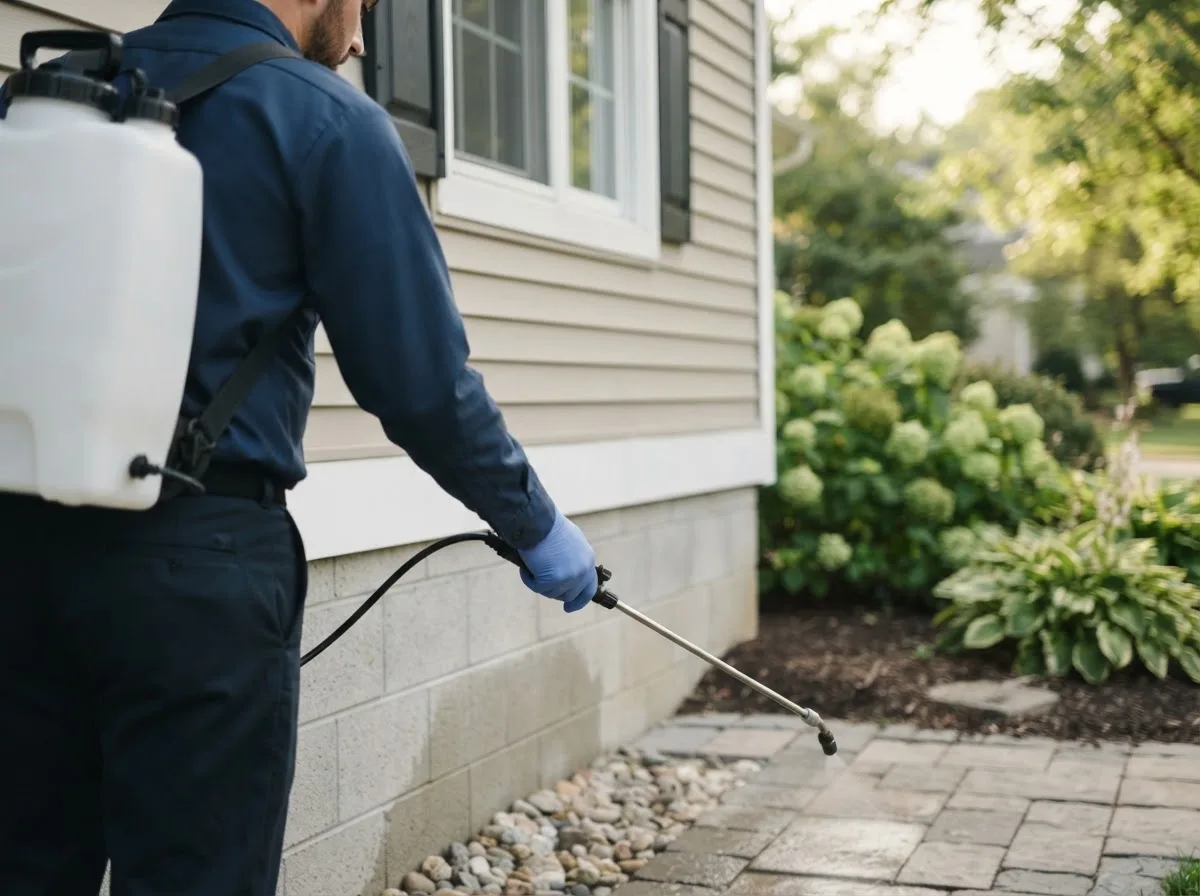 Pest control technician inspecting a home in Crystal Falls, MI